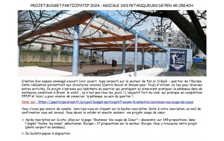Venez soutenir notre projet de &quot;Pratiquer la pétanque sous un &quot;Carport/Préau à Pen ar Créach&quot;